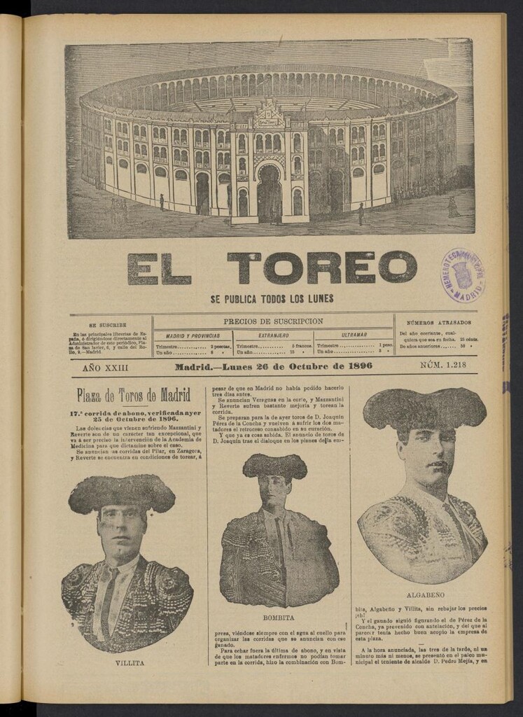 Miniatura de El Toreo: suplemento a "La Correspondencia Teatral" del 26 de octubre de 1896, nº 1218