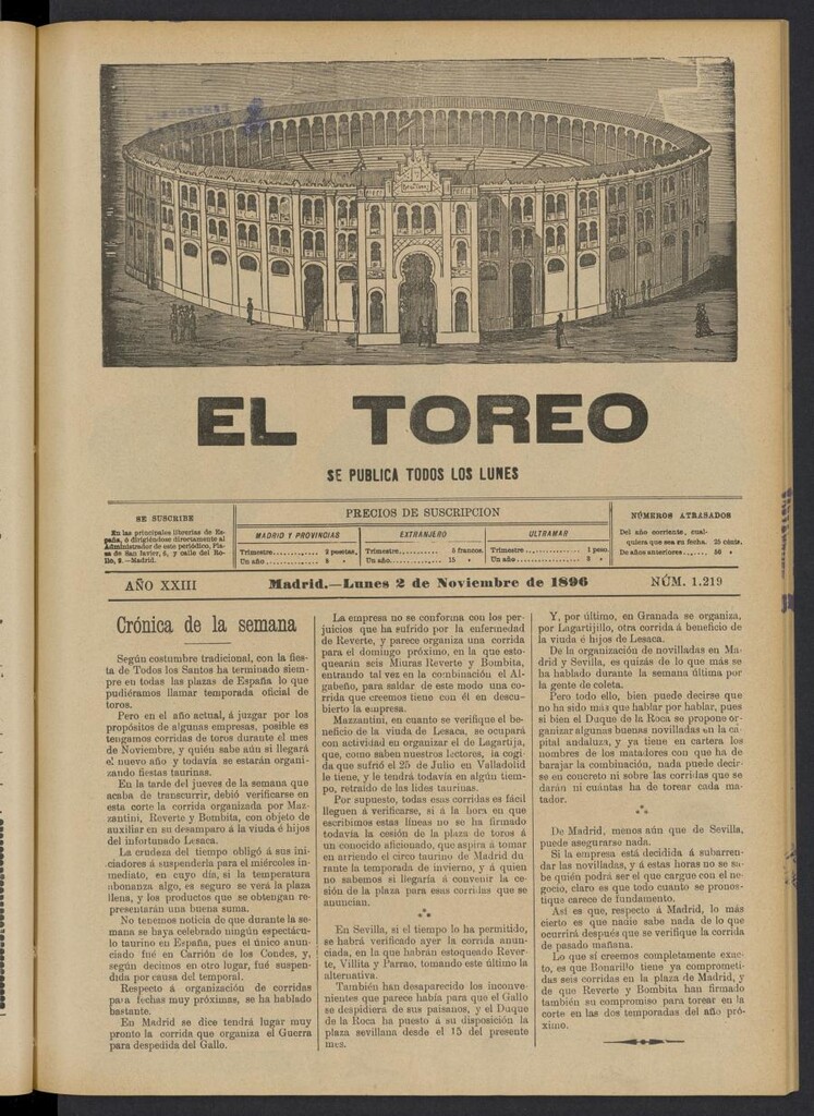 Miniatura de El Toreo: suplemento a "La Correspondencia Teatral" del 2 de noviembre de 1896, nº 1219