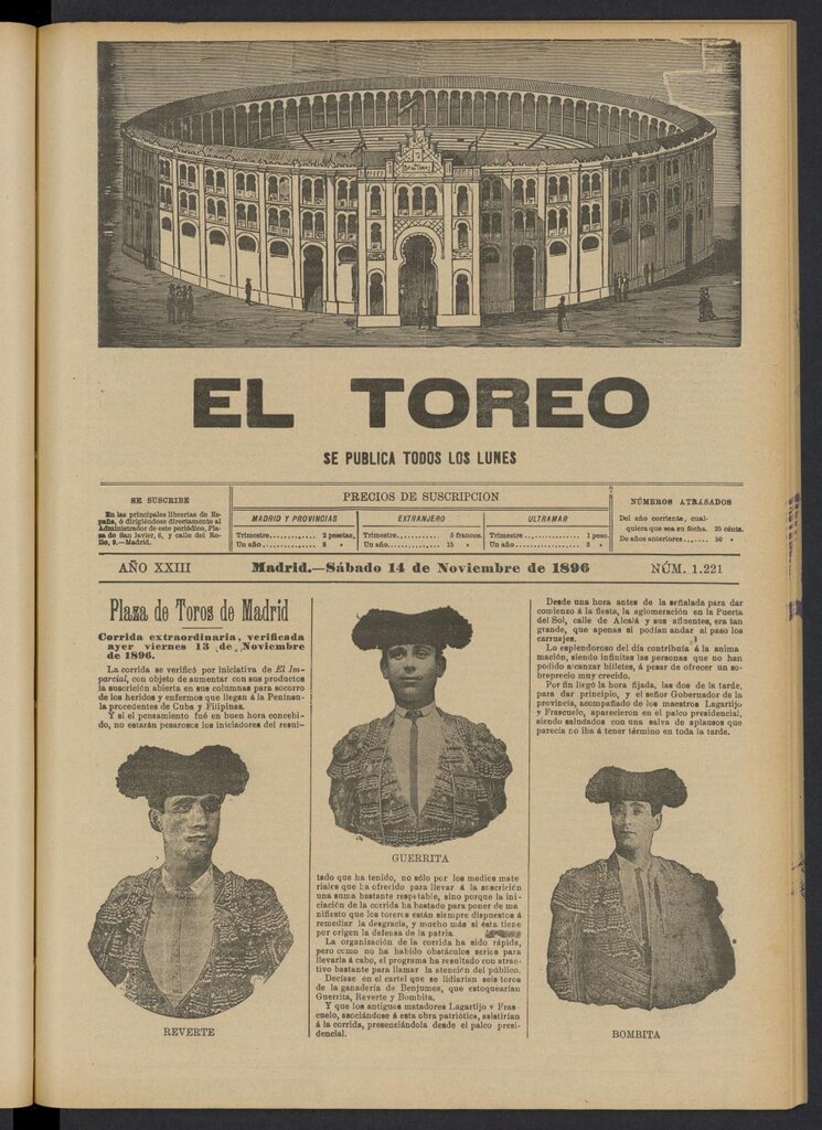 Miniatura de El Toreo: suplemento a "La Correspondencia Teatral" del 14 de noviembre de 1896, nº 1221
