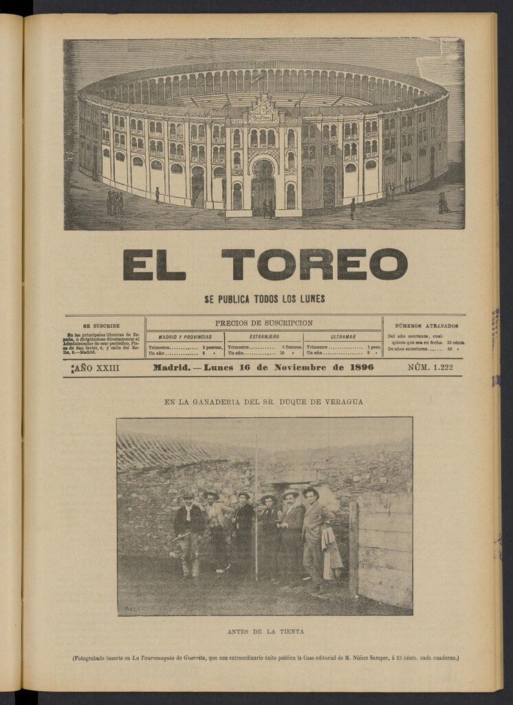 Miniatura de El Toreo: suplemento a "La Correspondencia Teatral" del 16 de noviembre de 1896, nº 1222