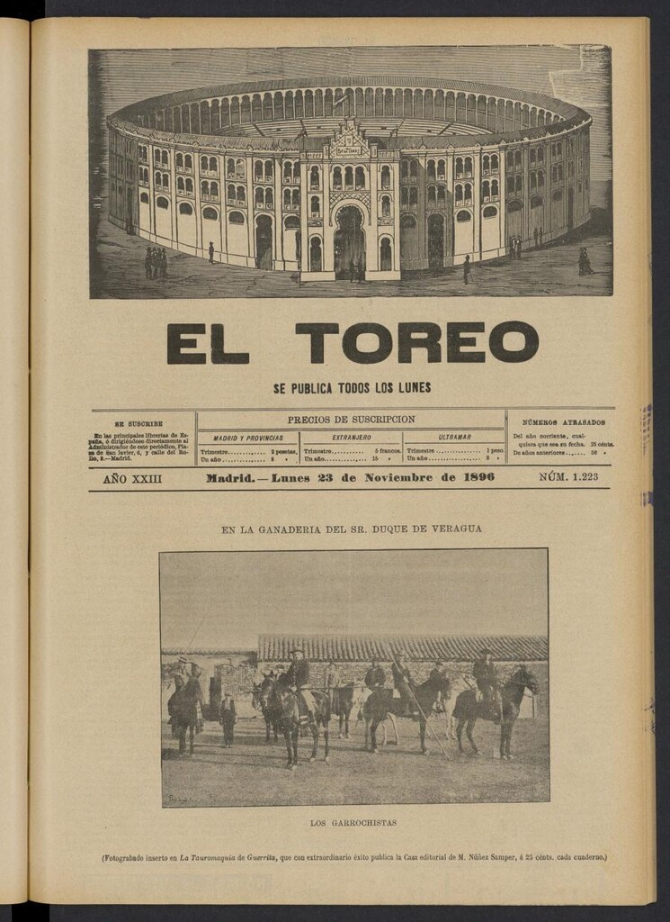 Miniatura de El Toreo: suplemento a "La Correspondencia Teatral" del 23 de noviembre de 1896, nº 1223