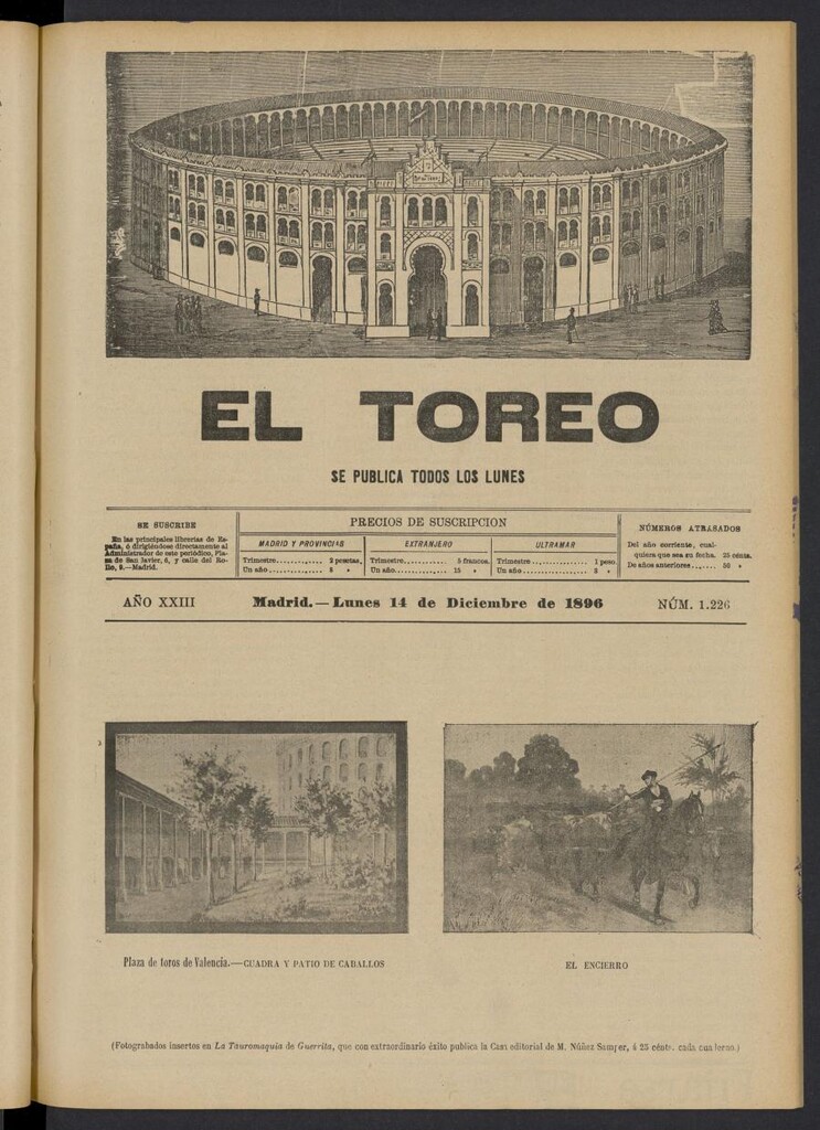 Miniatura de El Toreo: suplemento a "La Correspondencia Teatral" del 14 de diciembre de 1896, nº 1226