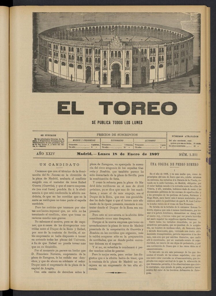 Miniatura de El Toreo: suplemento a "La Correspondencia Teatral" del 18 de enero de 1897, nº 1231