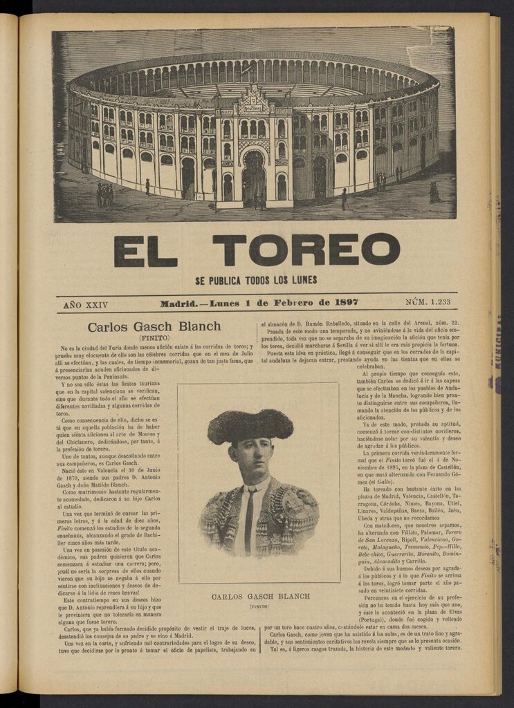 Miniatura de El Toreo: suplemento a "La Correspondencia Teatral" del 1 de febrero de 1897, nº 1233