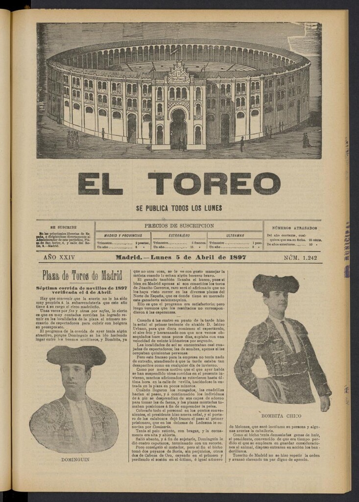 Miniatura de El Toreo: suplemento a "La Correspondencia Teatral" del 5 de abril de 1897, nº 1242