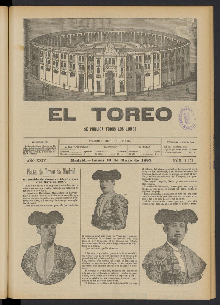 Miniatura de El Toreo: suplemento a "La Correspondencia Teatral" del 10 de mayo de 1897, nº 1252