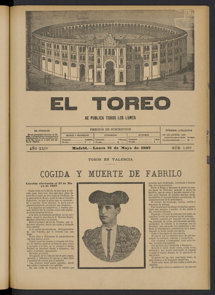 Miniatura de El Toreo: suplemento a "La Correspondencia Teatral" del 31 de mayo de 1897, nº 1257