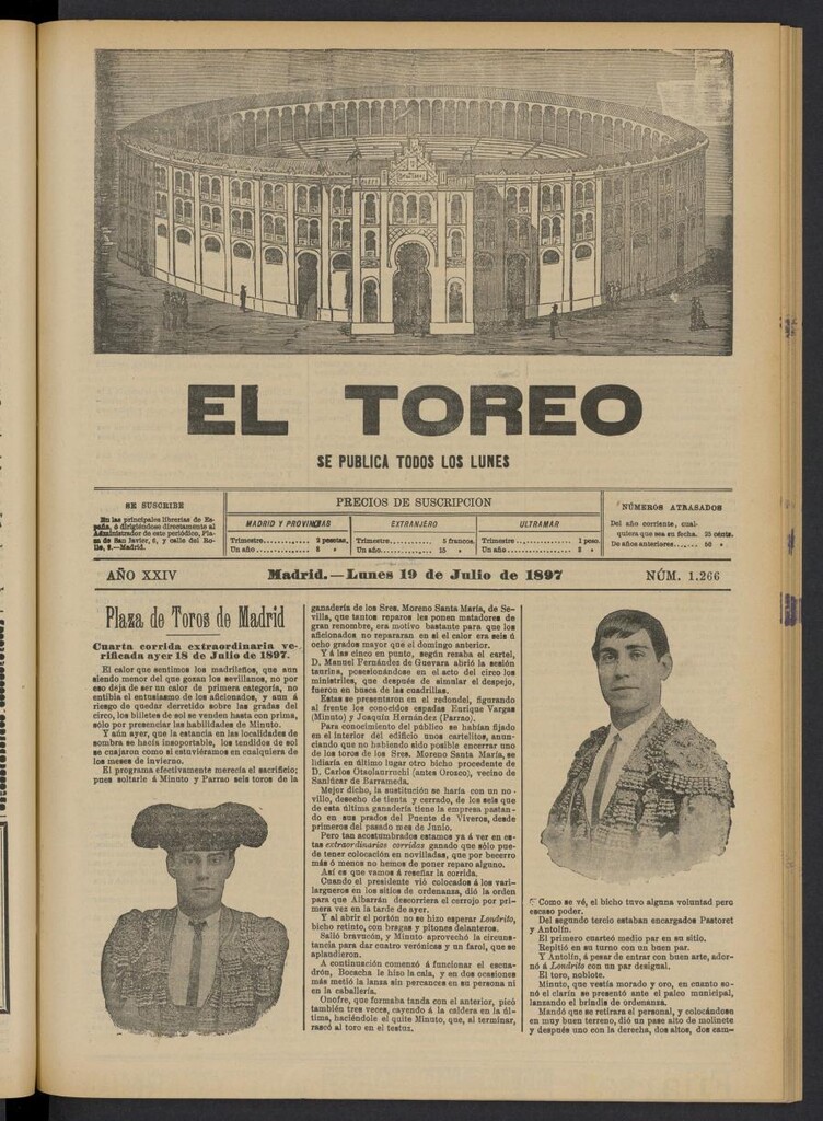 Miniatura de El Toreo: suplemento a "La Correspondencia Teatral" del 19 de julio de 1897, nº 1266