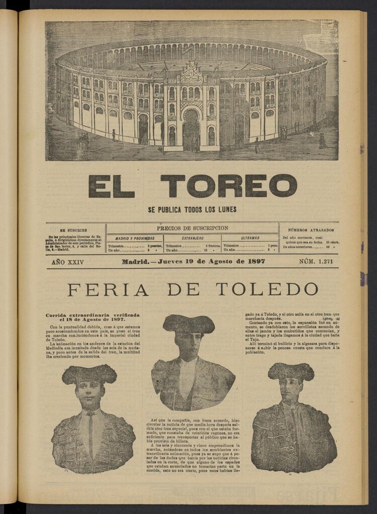 Miniatura de El Toreo: suplemento a "La Correspondencia Teatral" del 19 de agosto de 1897, nº 1271
