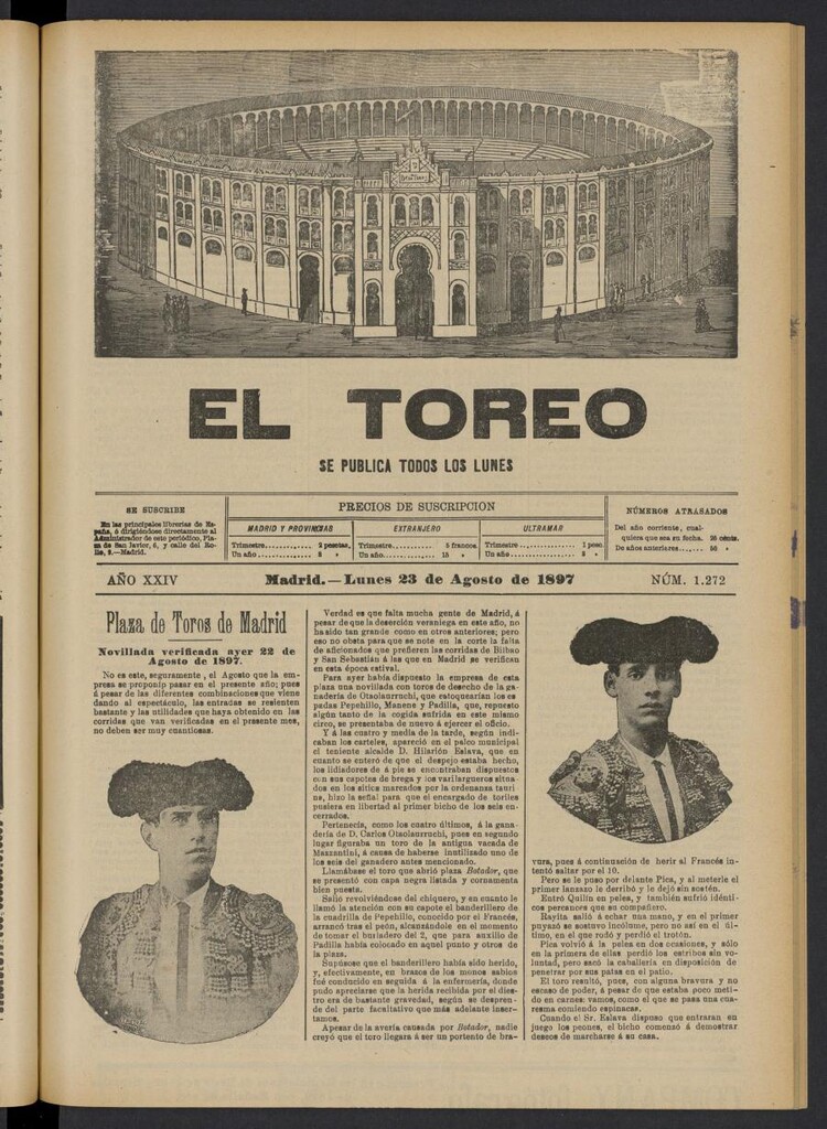 Miniatura de El Toreo: suplemento a "La Correspondencia Teatral" del 23 de agosto de 1897, nº 1272