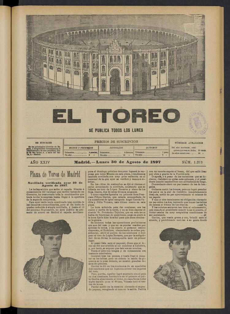 Miniatura de El Toreo: suplemento a "La Correspondencia Teatral" del 30 de agosto de 1897, nº 1273