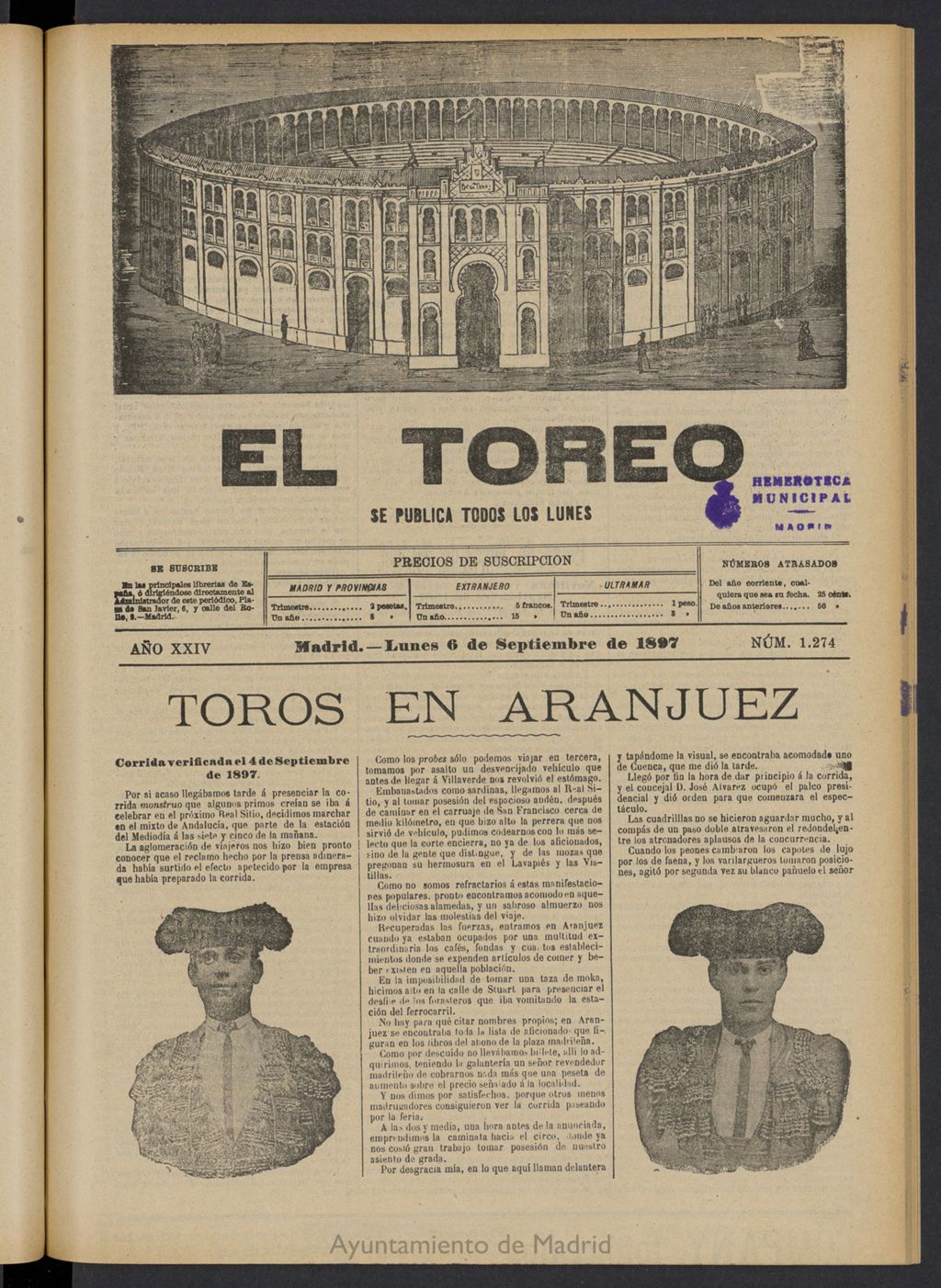 Miniatura de El Toreo: suplemento a "La Correspondencia Teatral" del 6 de septiembre de 1897, nº 1274