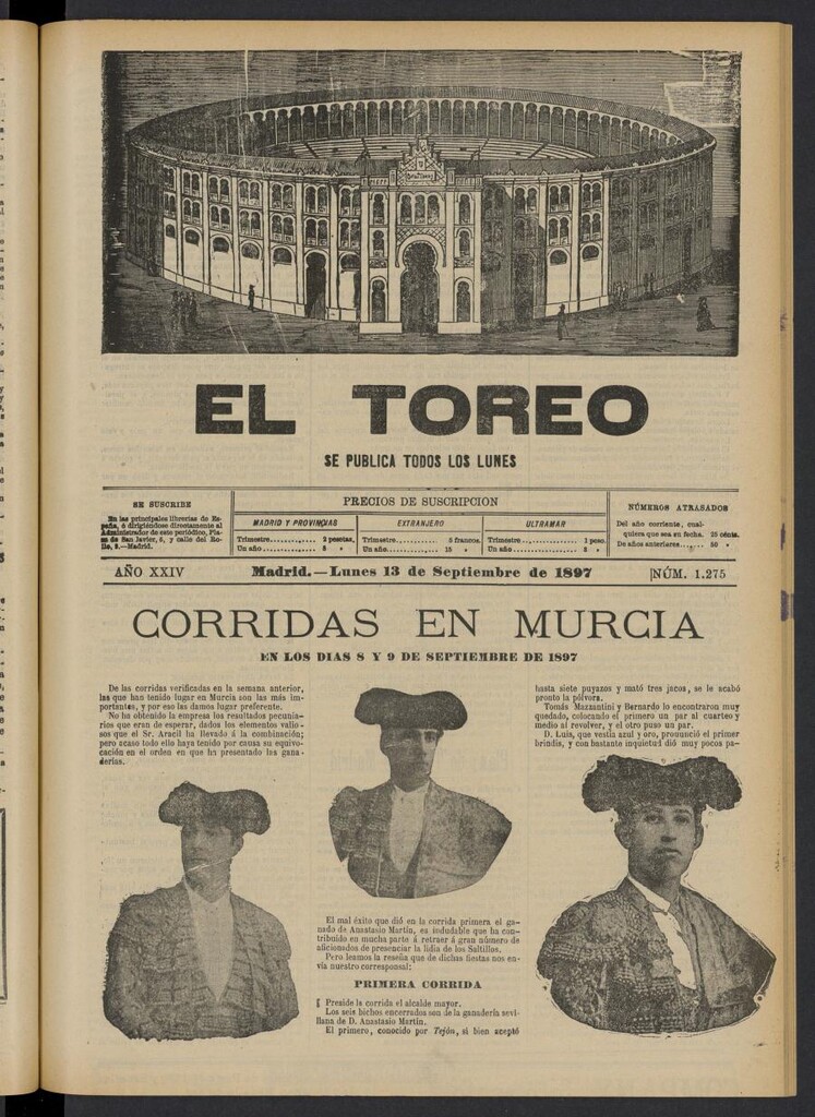 Miniatura de El Toreo: suplemento a "La Correspondencia Teatral" del 13 de septiembre de 1897, nº 1275