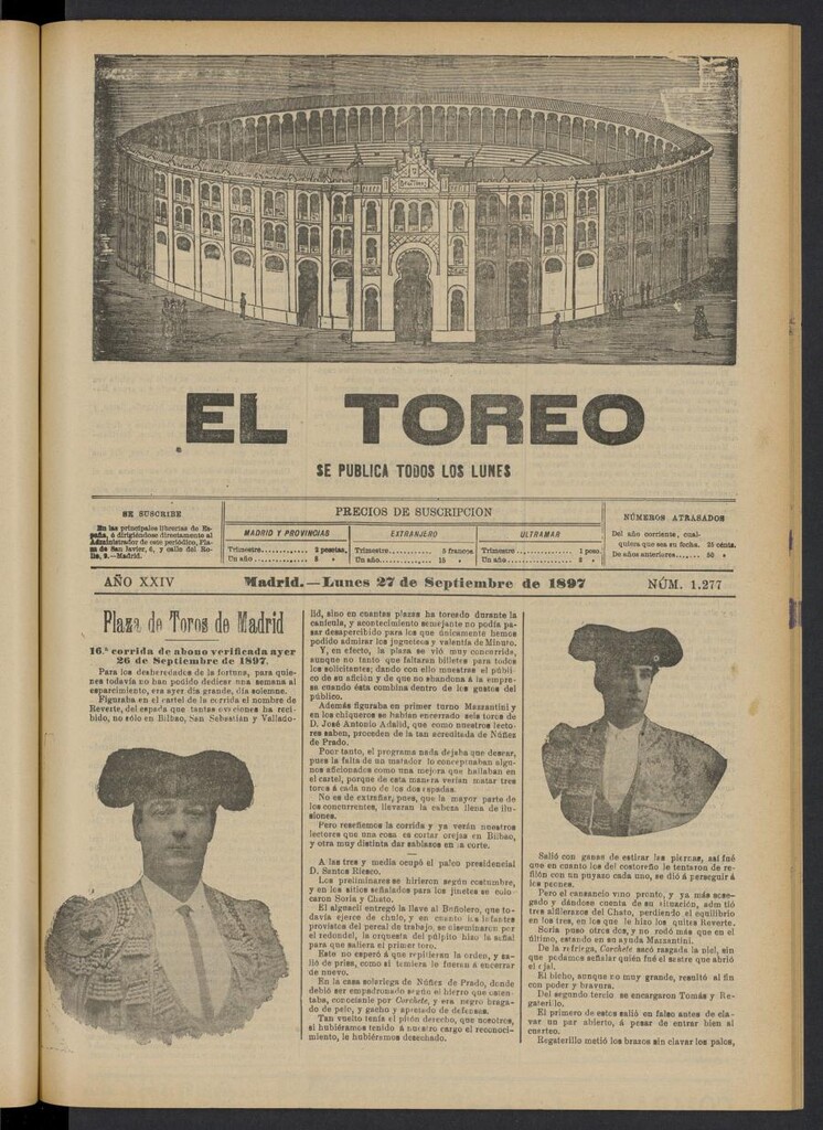 Miniatura de El Toreo: suplemento a "La Correspondencia Teatral" del 27 de septiembre de 1897, nº 1277