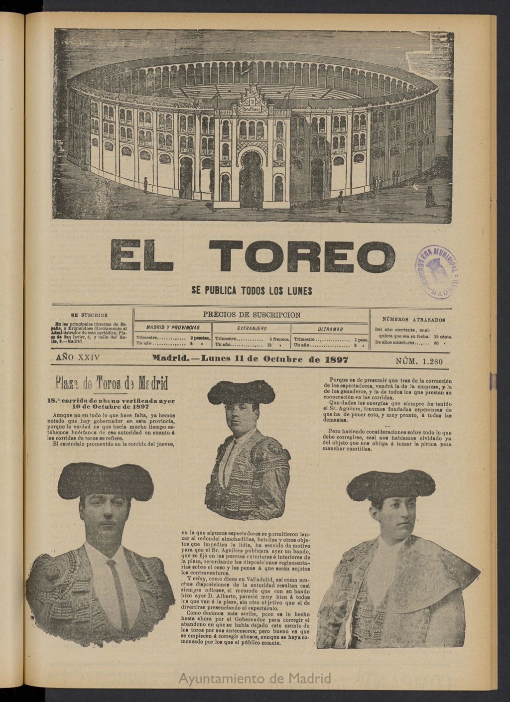 Miniatura de El Toreo: suplemento a "La Correspondencia Teatral" del 11 de octubre de 1897, nº 1280