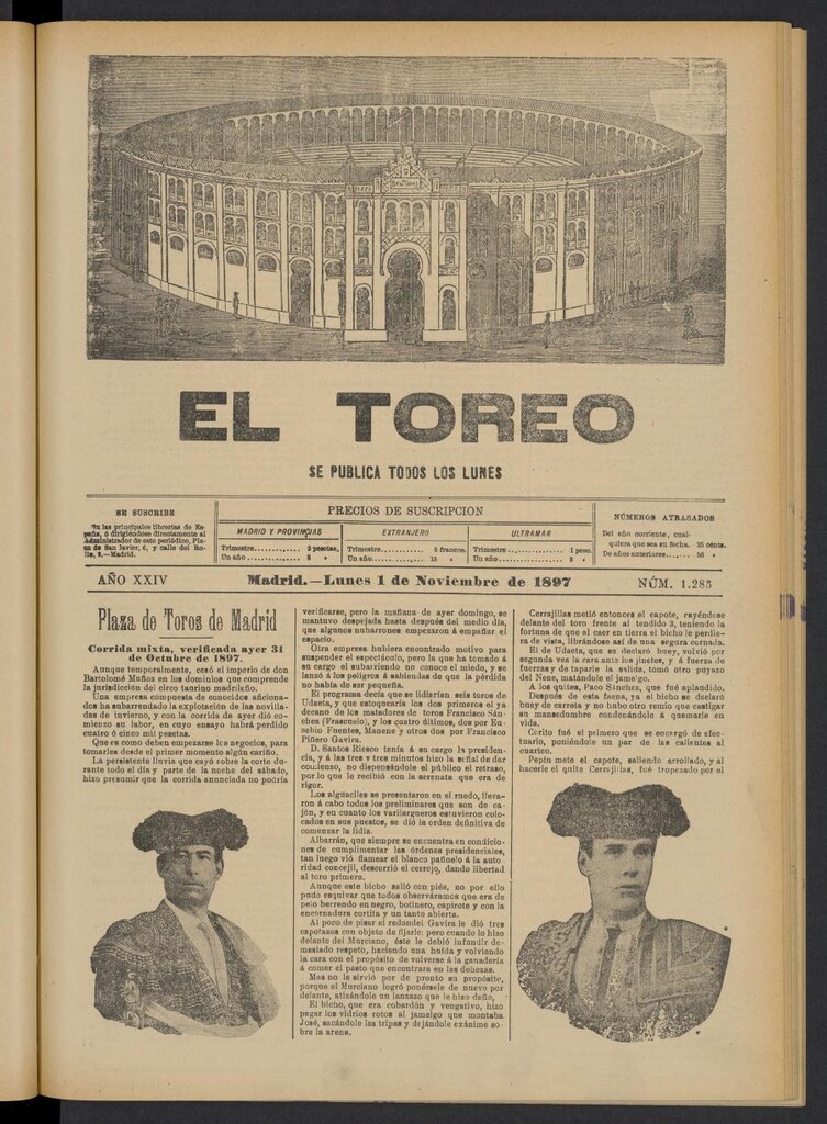 Miniatura de El Toreo: suplemento a "La Correspondencia Teatral" del 1 de noviembre de 1897, nº 1283