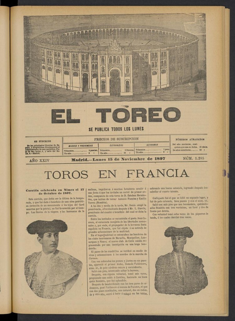 Miniatura de El Toreo: suplemento a "La Correspondencia Teatral" del 15 de noviembre de 1897, nº 1285