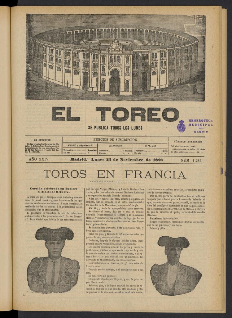 Miniatura de El Toreo: suplemento a "La Correspondencia Teatral" del 22 de noviembre de 1897, nº 1286