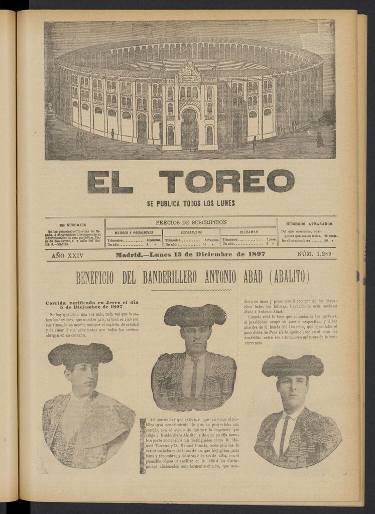 Miniatura de El Toreo: suplemento a "La Correspondencia Teatral" del 13 de diciembre de 1897, nº 1289