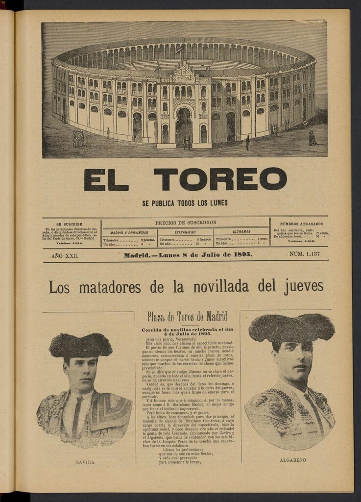 Miniatura de El Toreo: suplemento a "La Correspondencia Teatral" del 8 de julio de 1895, nº 1137