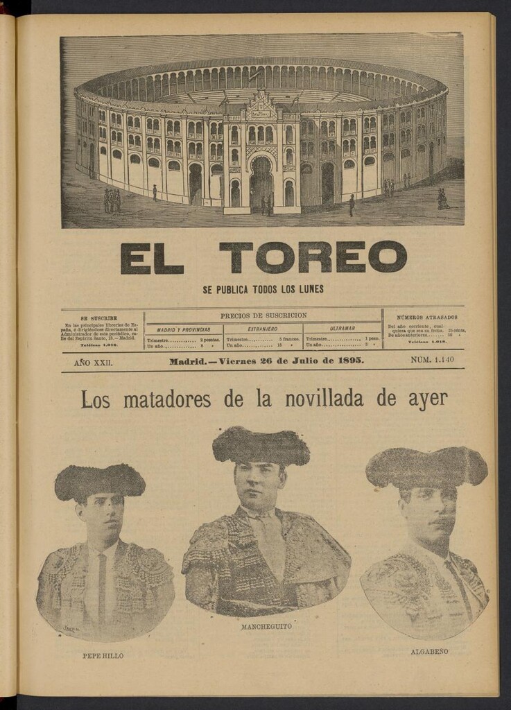 Miniatura de El Toreo: suplemento a "La Correspondencia Teatral" del 26 de julio de 1895, nº 1140