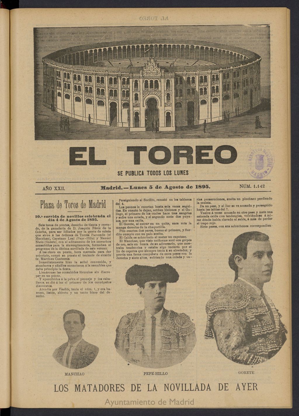 Miniatura de El Toreo: suplemento a "La Correspondencia Teatral" del 5 de agosto de 1895, nº 1142