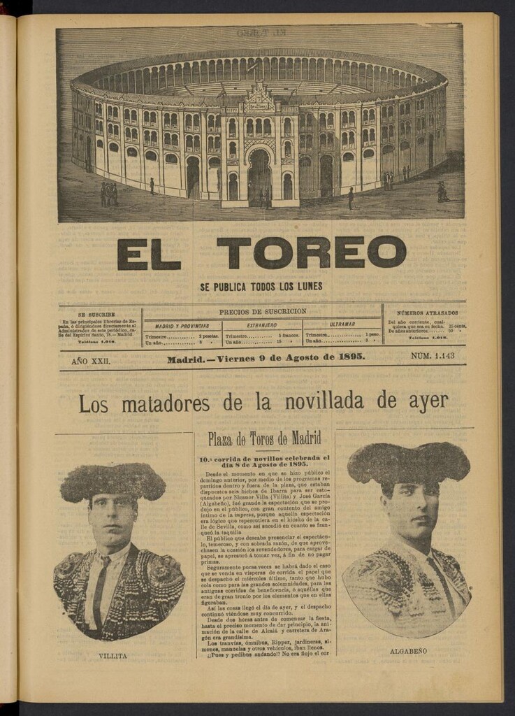 Miniatura de El Toreo: suplemento a "La Correspondencia Teatral" del 9 de agosto de 1895, nº 1143