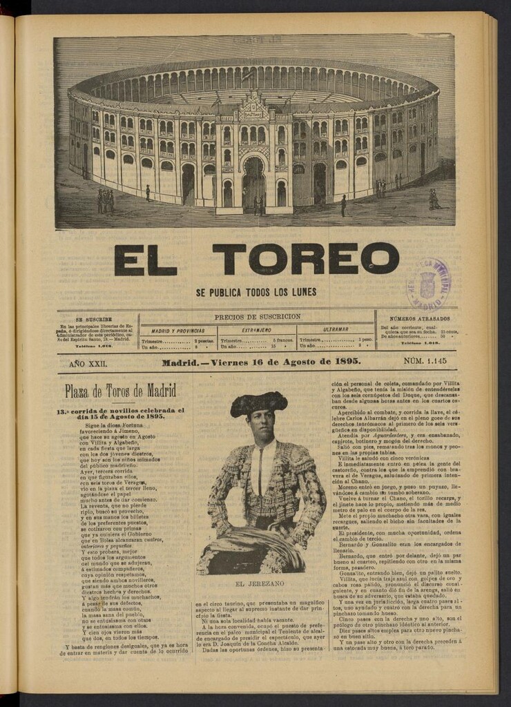 Miniatura de El Toreo: suplemento a "La Correspondencia Teatral" del 16 de agosto de 1895, nº 1145