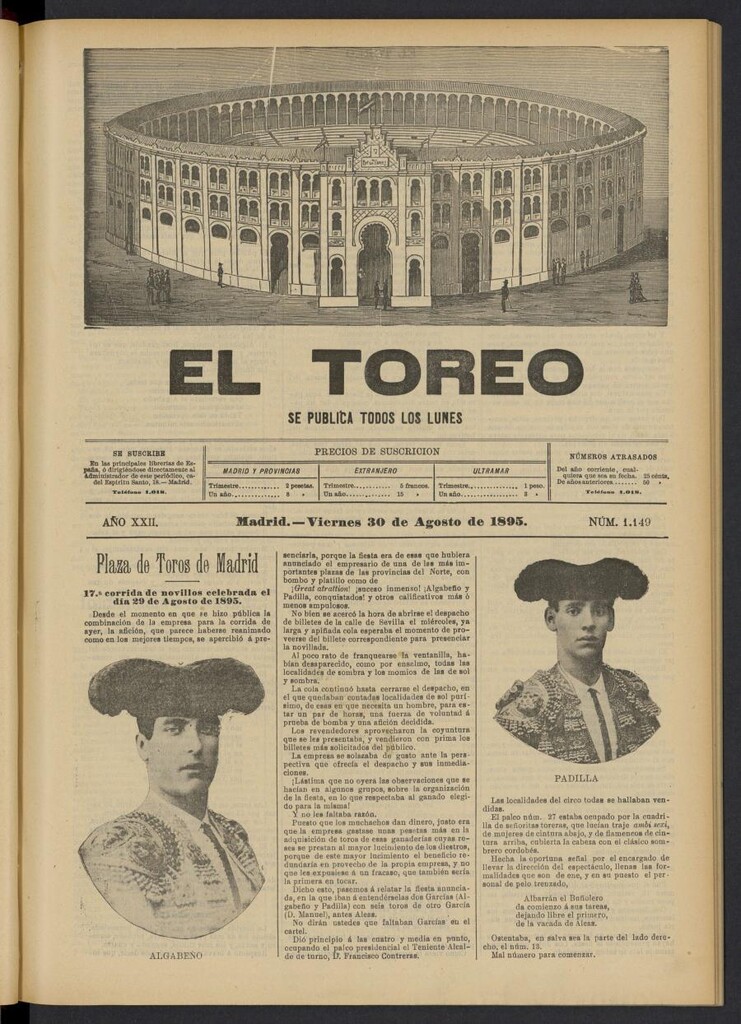 Miniatura de El Toreo: suplemento a "La Correspondencia Teatral" del 30 de agosto de 1895, nº 1149