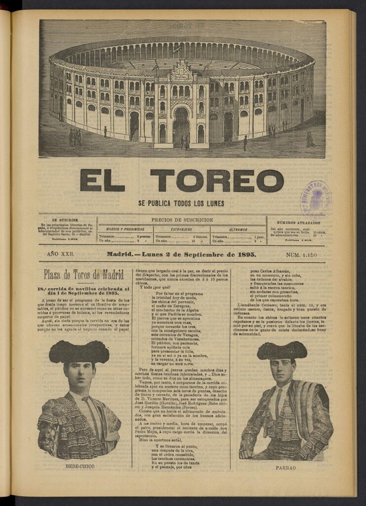 Miniatura de El Toreo: suplemento a "La Correspondencia Teatral" del 2 de septiembre de 1895, nº 1150