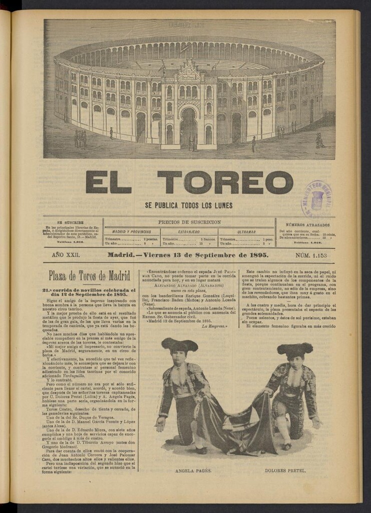Miniatura de El Toreo: suplemento a "La Correspondencia Teatral" del 13 de septiembre de 1895, nº 1153