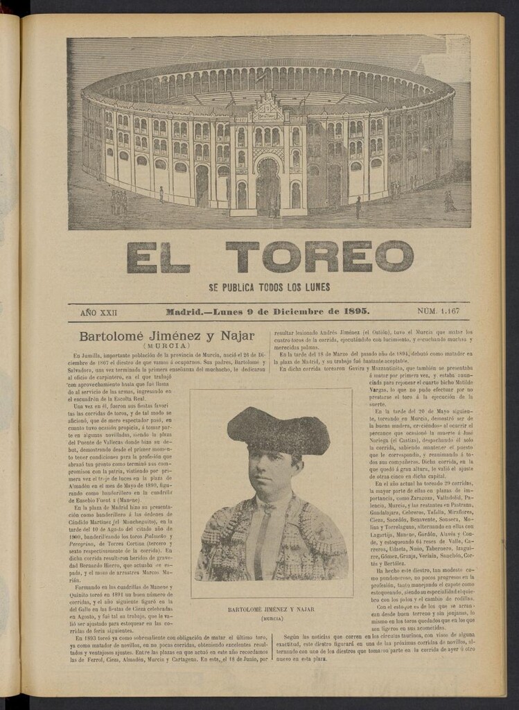 Miniatura de El Toreo: suplemento a "La Correspondencia Teatral" del 9 de diciembre de 1895, nº 1167