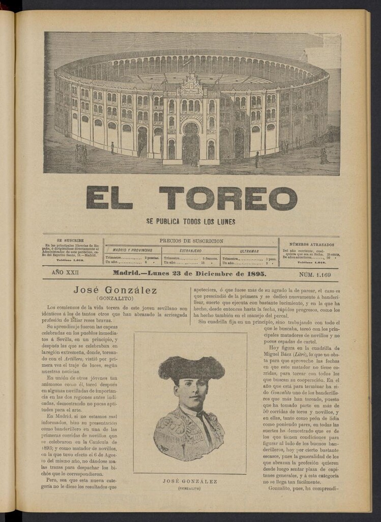 Miniatura de El Toreo: suplemento a "La Correspondencia Teatral" del 23 de diciembre de 1895, nº 1169