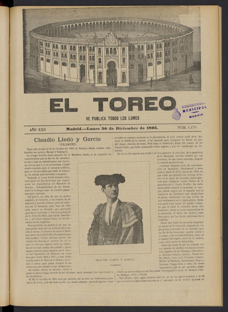 Miniatura de El Toreo: suplemento a "La Correspondencia Teatral" del 30 de diciembre de 1895, nº 1170