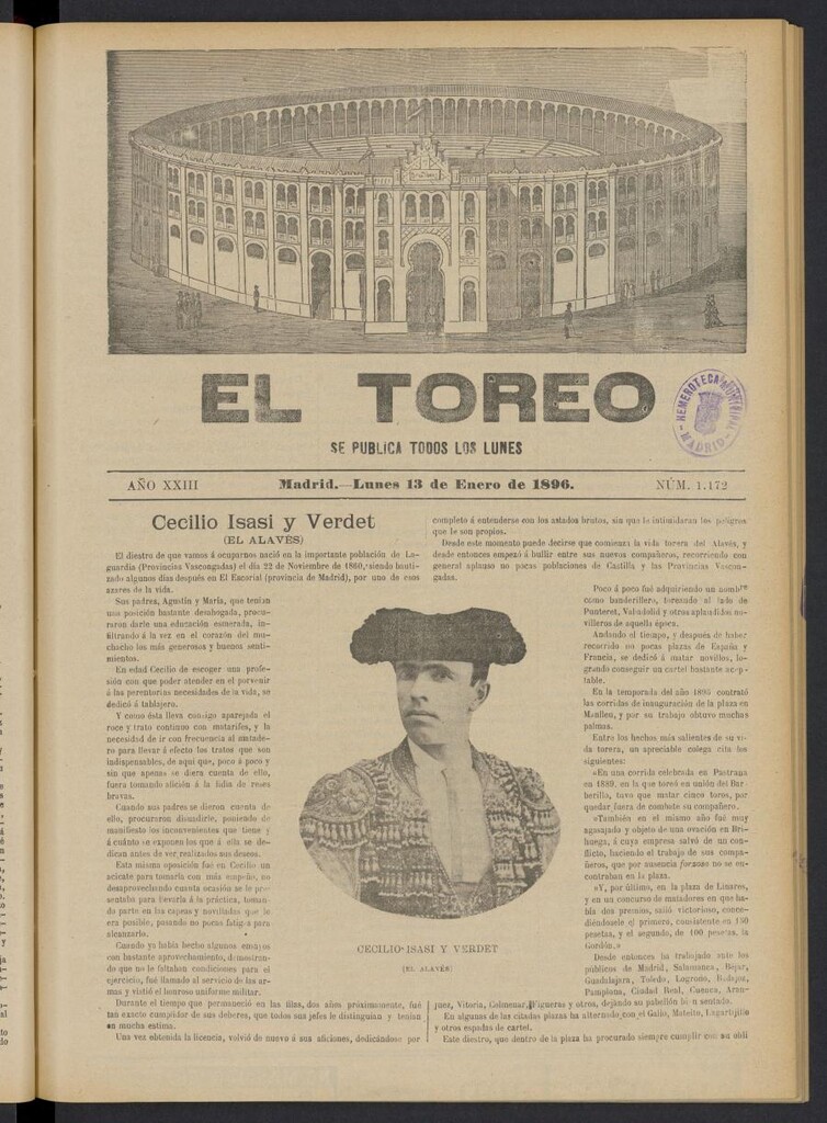 Miniatura de El Toreo: suplemento a "La Correspondencia Teatral" del 13 de enero de 1896, nº 1172