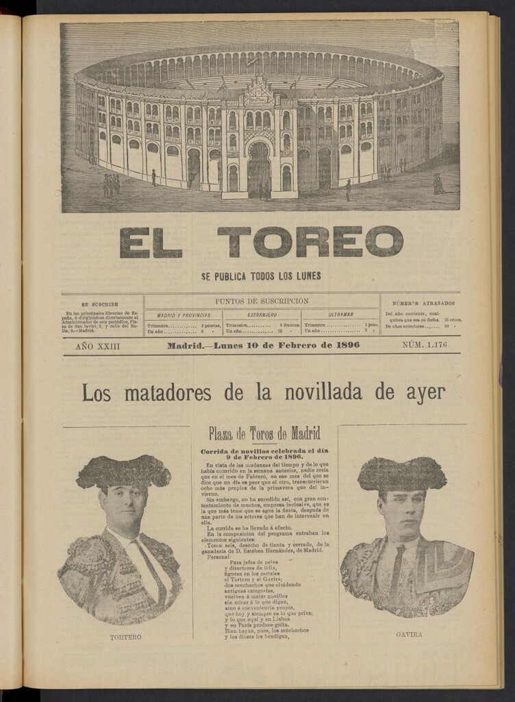 Miniatura de El Toreo: suplemento a "La Correspondencia Teatral" del 10 de febrero de 1896, nº 1176