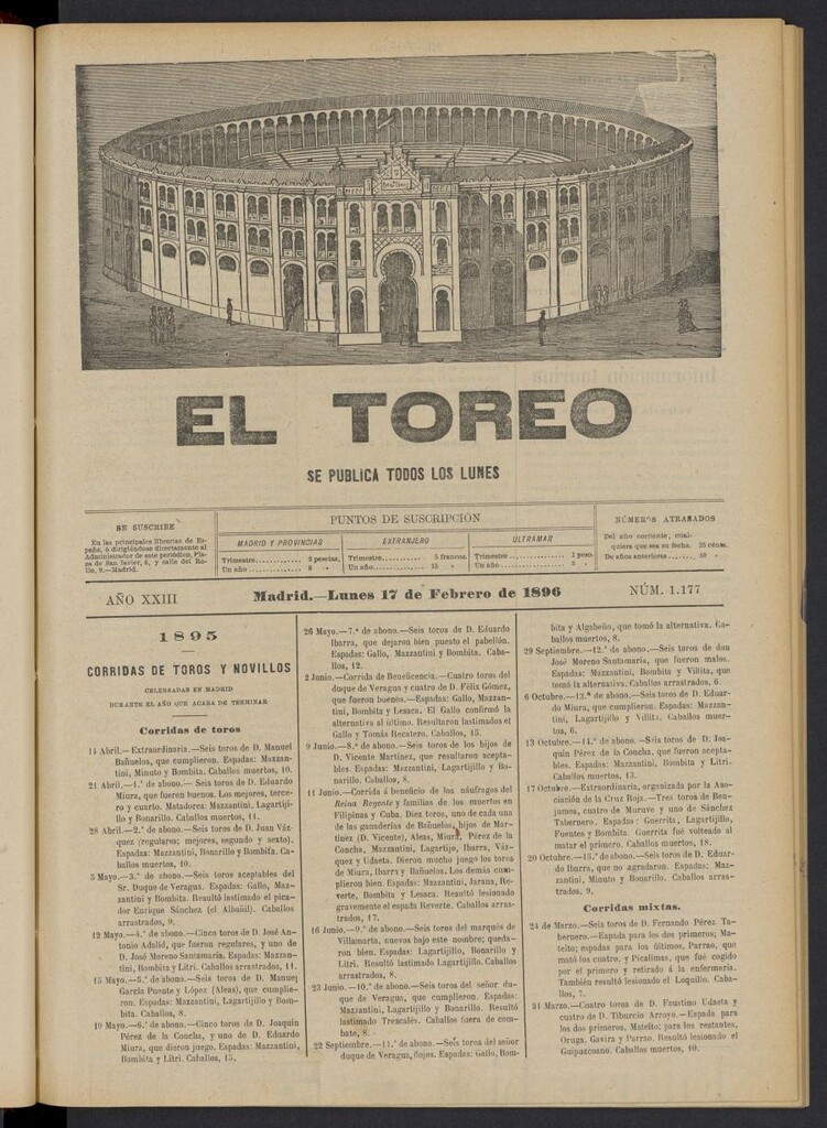 Miniatura de El Toreo: suplemento a "La Correspondencia Teatral" del 17 de febrero de 1896, nº 1177