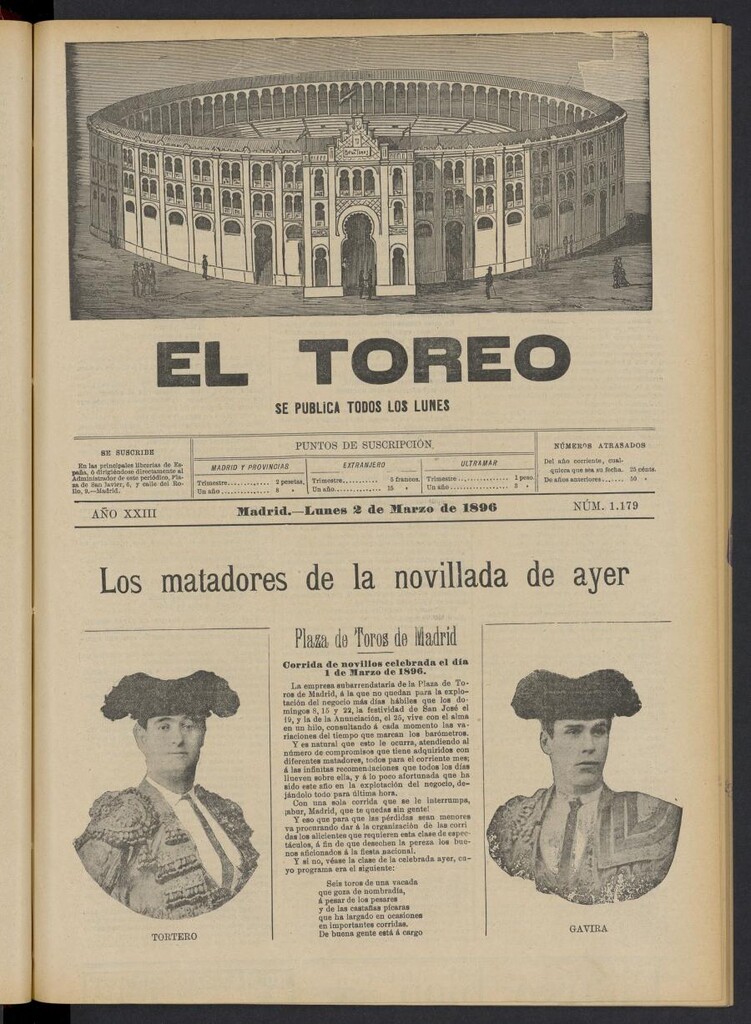 Miniatura de El Toreo: suplemento a "La Correspondencia Teatral" del 2 de marzo de 1896, nº 1179