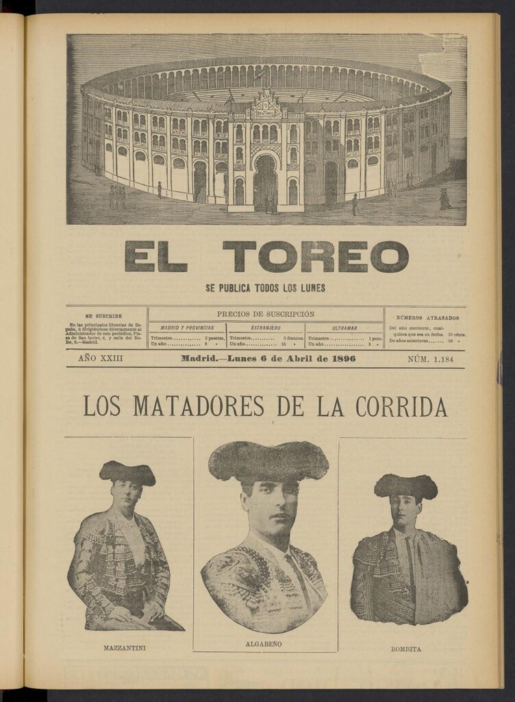 Miniatura de El Toreo: suplemento a "La Correspondencia Teatral" del 6 de abril de 1896, nº 1184
