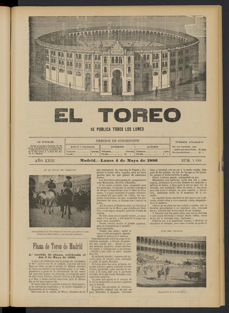 Miniatura de El Toreo: suplemento a "La Correspondencia Teatral" del 4 de mayo de 1896, nº 1189