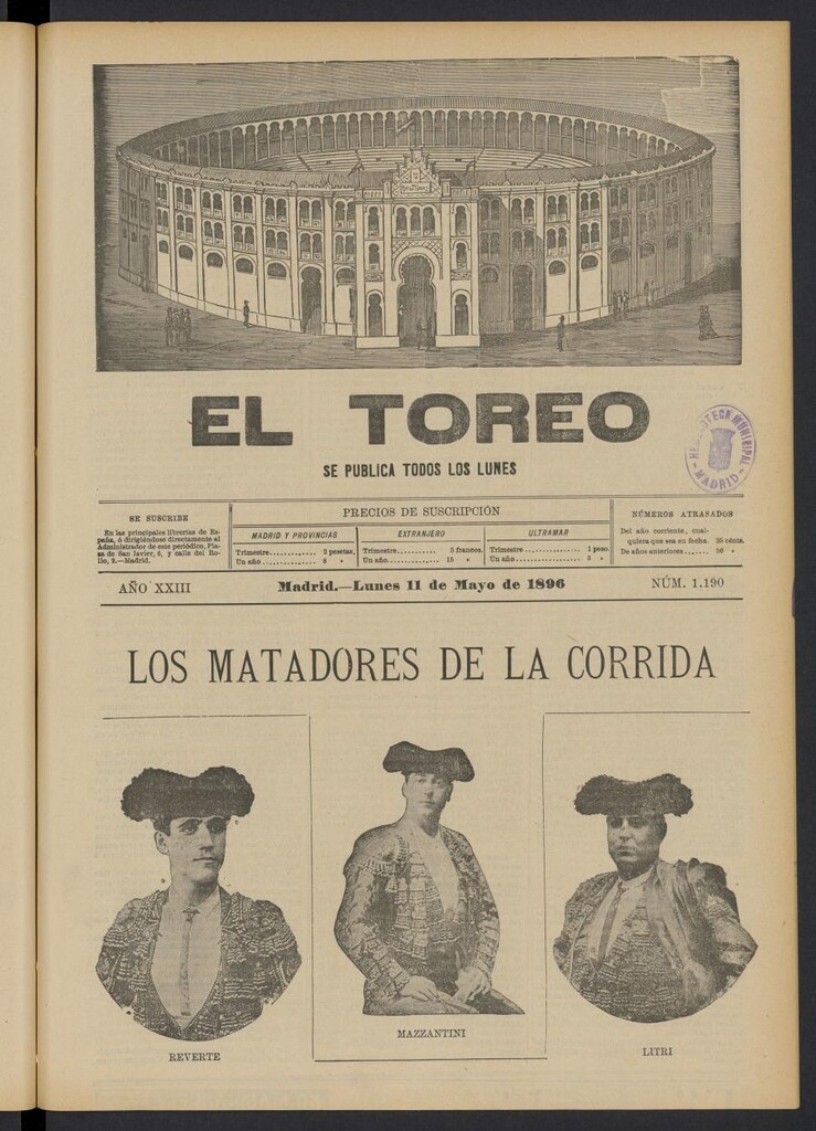 Miniatura de El Toreo: suplemento a "La Correspondencia Teatral" del 11 de mayo de 1896, nº 1190