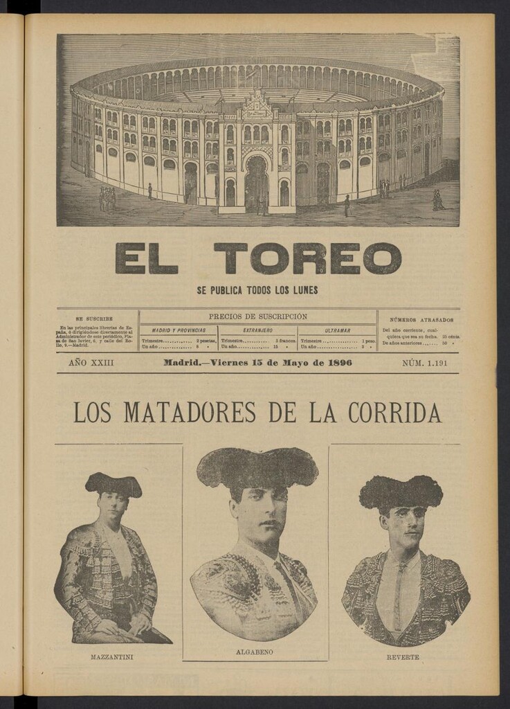 Miniatura de El Toreo: suplemento a "La Correspondencia Teatral" del 15 de mayo de 1896, nº 1191
