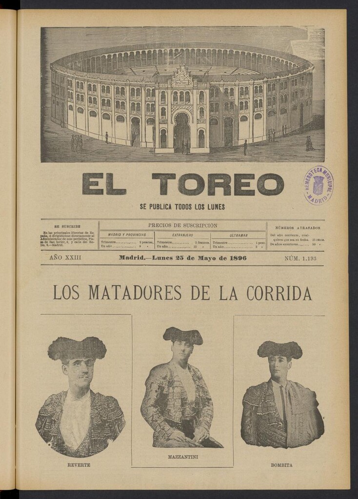 Miniatura de El Toreo: suplemento a "La Correspondencia Teatral" del 25 de mayo de 1896, nº 1193