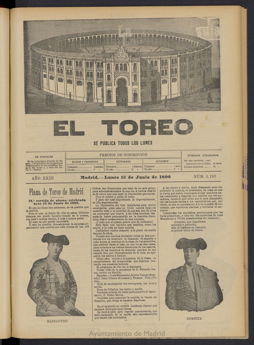 Miniatura de El Toreo: suplemento a "La Correspondencia Teatral" del 15 de junio de 1896, nº 1197