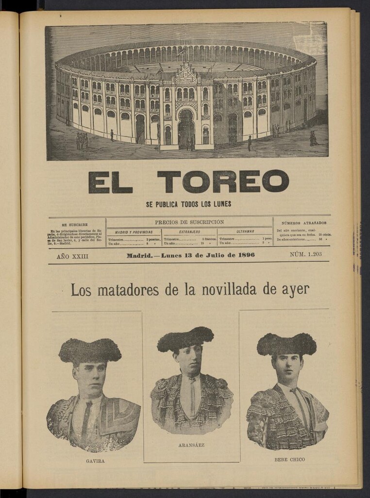 Miniatura de El Toreo: suplemento a "La Correspondencia Teatral" del 13 de julio de 1896, nº 1203