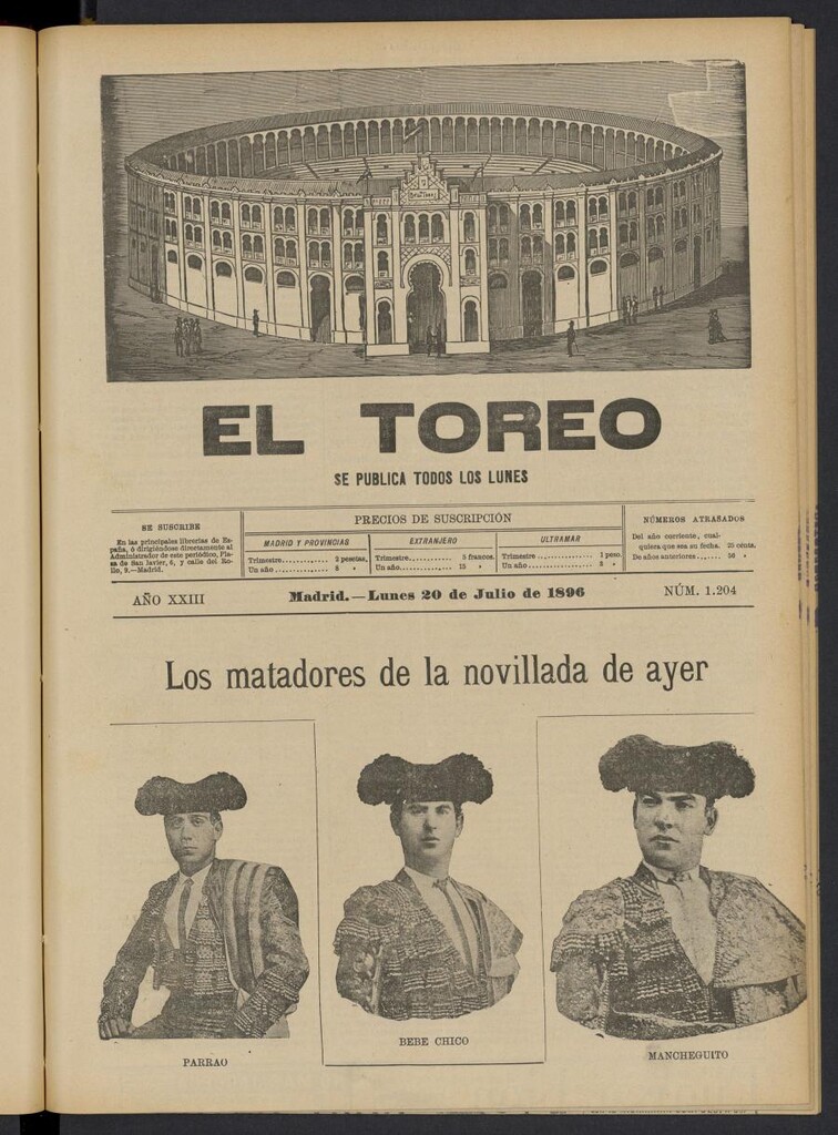 Miniatura de El Toreo: suplemento a "La Correspondencia Teatral" del 20 de julio de 1896, nº 1204