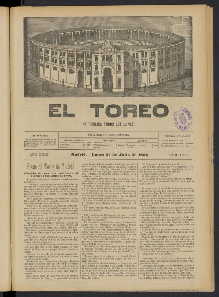 Miniatura de El Toreo: suplemento a "La Correspondencia Teatral" del 27 de julio de 1896, nº 1205