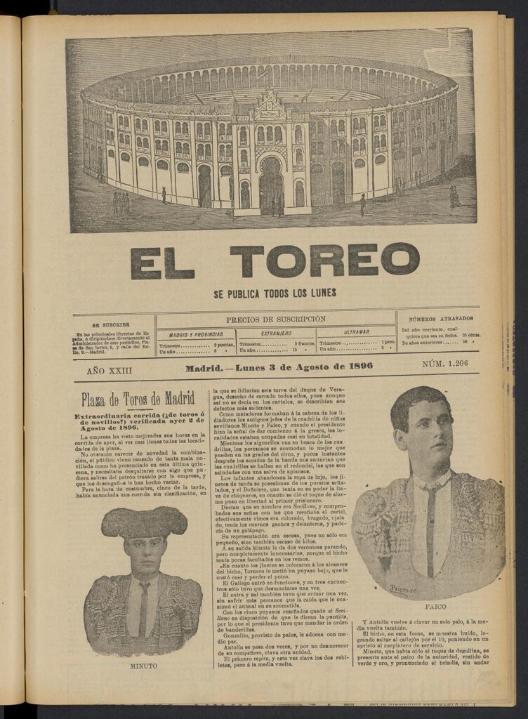 Miniatura de El Toreo: suplemento a "La Correspondencia Teatral" del 3 de agosto de 1896, nº 1206