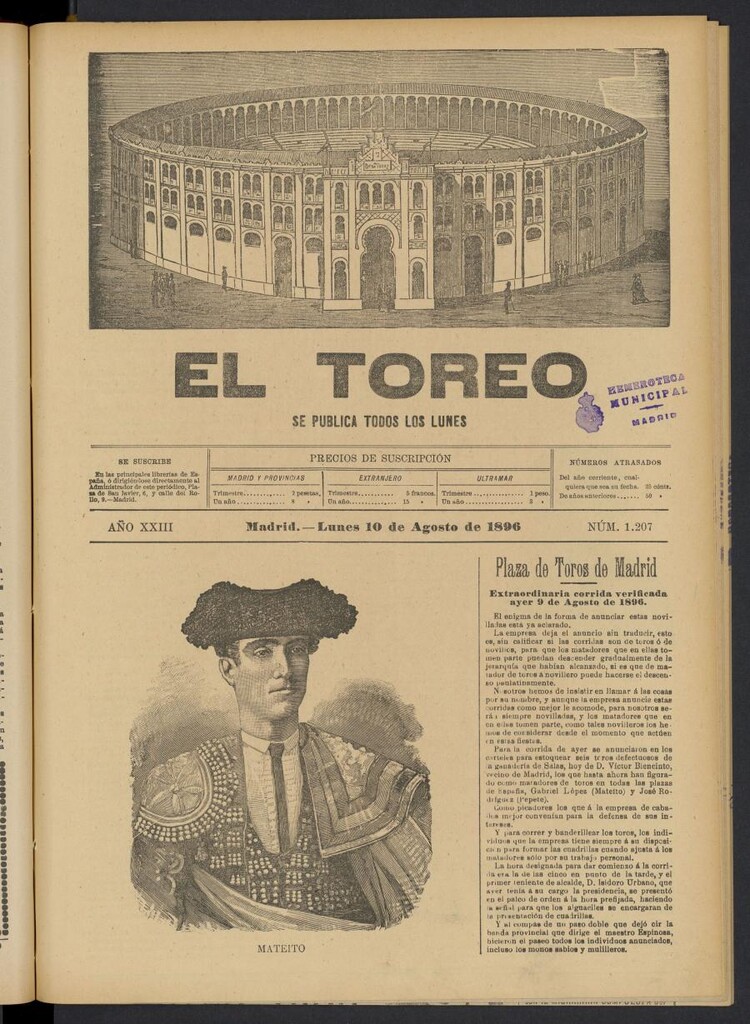Miniatura de El Toreo: suplemento a "La Correspondencia Teatral" del 10 de agosto de 1896, nº 1207