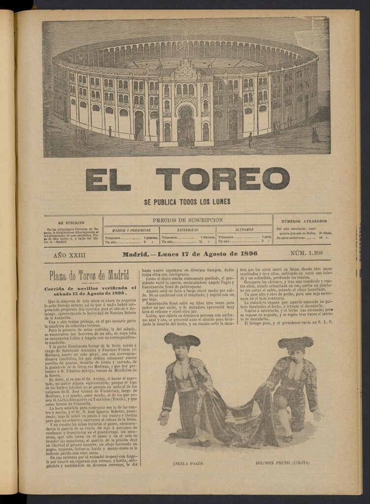 Miniatura de El Toreo: suplemento a "La Correspondencia Teatral" del 17 de agosto de 1896, nº 1208